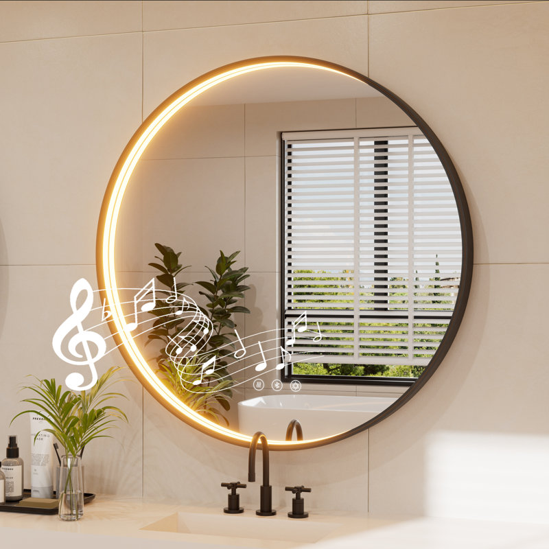 Miroir de salle de bain Bluetooth Bluetooth, 36 po x 36 po, Noir mat