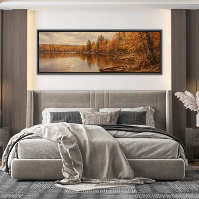 Autumn Lake With Wooden Boat And Golden Forest Landscape Wall Decor - Large Framed Canvas Master Bedroom Wall Art Print