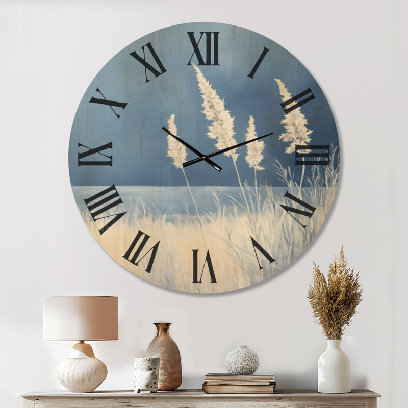 Horloge murale bohème en bois « Plumes blanches sur fond indigo », Extra Large