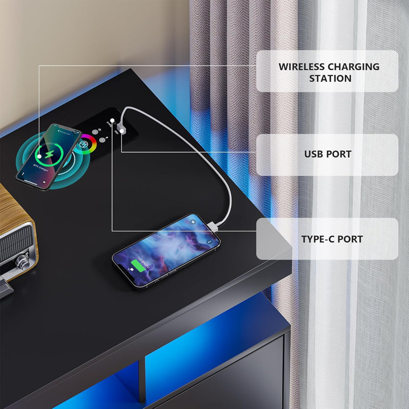 40" LED Buffet Cabinet with Wireless Charging Station,Auto Sensor RGB 20-Color Dimmable Sideboard with Human Body Induction,Sideboards Cabinet with 1 USB&Type-C Port and 3 Drawers