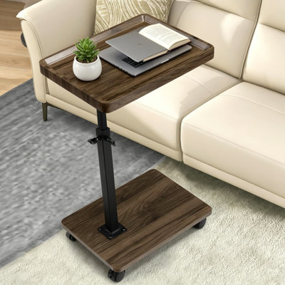 C Table End Table With Wheels, Height Adjustable 19.5" To 34", 360° Swivel Side Table, Small TV Tray Table For Living Room Bedroom, Slim Sofa Couch Table That Slides Under Furniture, Walnut