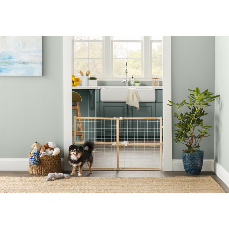 Natural Wood and White Wire Mesh Retractable Pet Gate