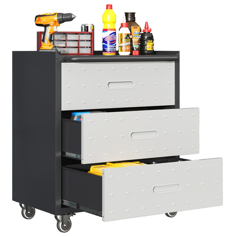 Armoire de rangement en métal à 3 tiroirs avec roulettes - Organisateur robuste pour garage, bureau, maison. Noir et gris L 29,7 po x P 17,03 po. H 34,01 po. Fabrication. 360 roues mobiles. Compartiments spacieux.