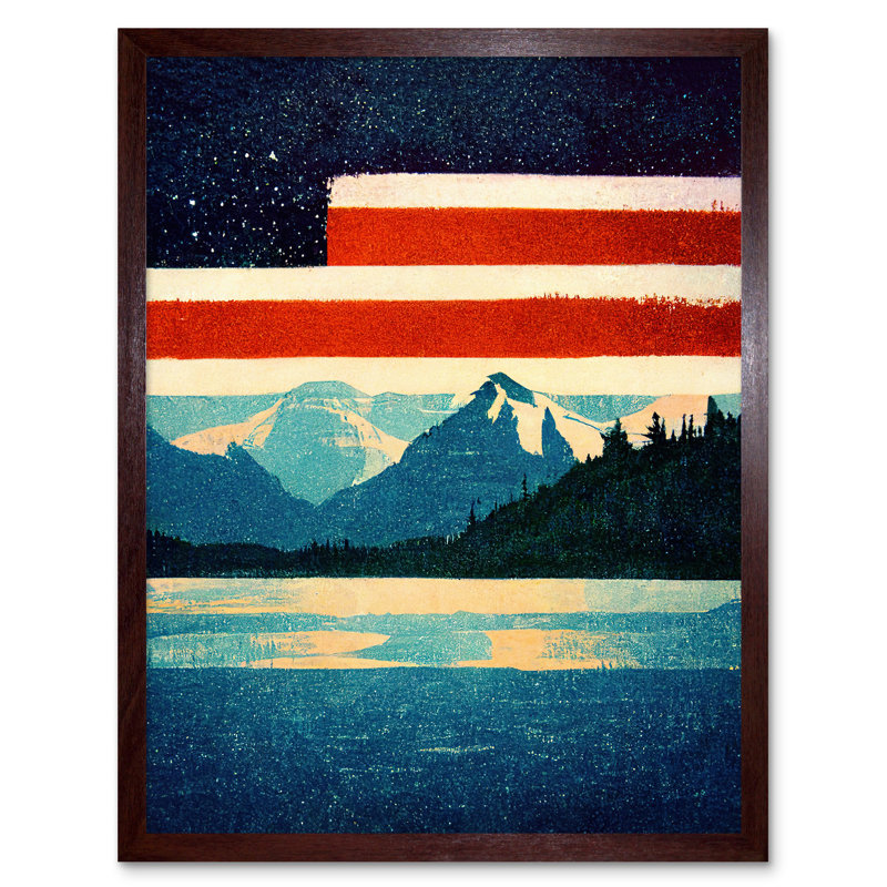Glacier National Park American Flag - Print, Brown Framed Paper, 43cm H x 33cm W x 2cm D