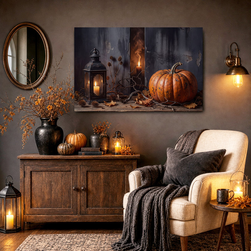 Toile orange citrouille orange et lanterne avec toile d'Halloween séchée, H 28 po x l 40 po