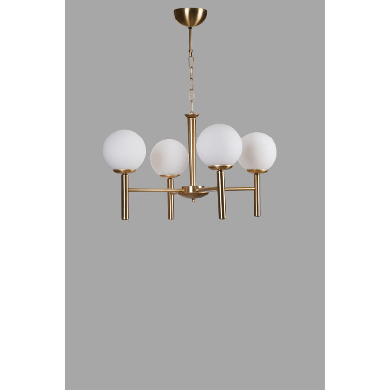 Lustre élégant en métal avec capuchon en verre, hauteur réglable 29,5 po (hauteur totale), plaque de base de 5,9 po de diamètre | 4 x douilles E27 (40 W maximum) | Finition blanche et dorée, pour le salon et la salle à manger, solution d'éclairage élégante