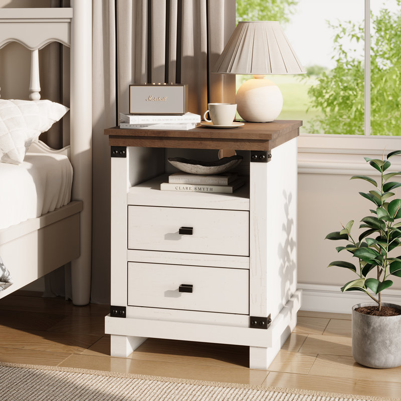 18"W Farmhouse Nightstand with Charging Station & 2 - Drawers, White