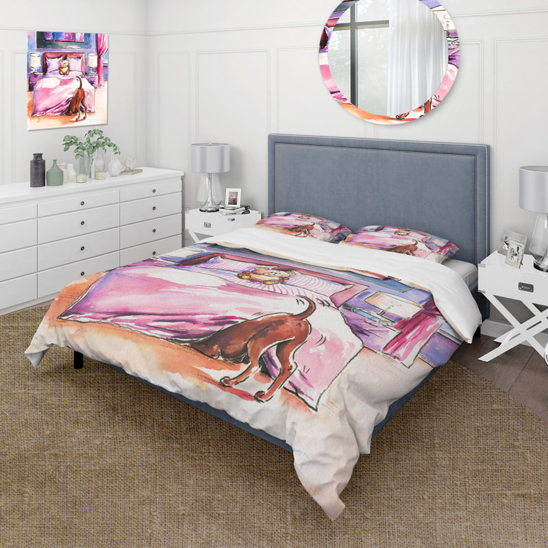 Chien brun regardant sous le lit - Ensemble de housse de couette Farmhouse - Polyester en microfibre