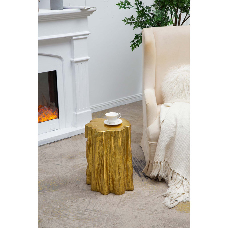 Tabouret de tronc d'arbre doré unique, table d'appoint vieillie or vieilli
