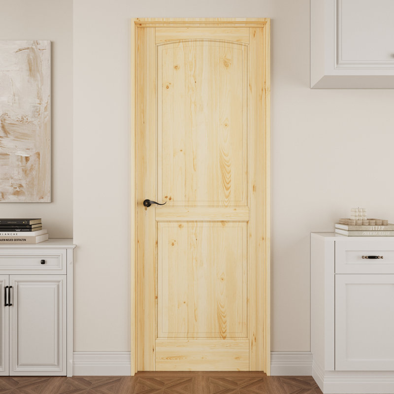 Porte intérieure à 2 panneaux en pin massif naturel de style colonial, pré-montée, avec kit de chambranle, joint d'étanchéité, ouverture à droite vers l'intérieur, charnières noires et poignée incurvée, porte non finie et à peindre, pour garde-manger, chambre, salle de bain, placard et salon, 91,4 cm x 203,2 cm