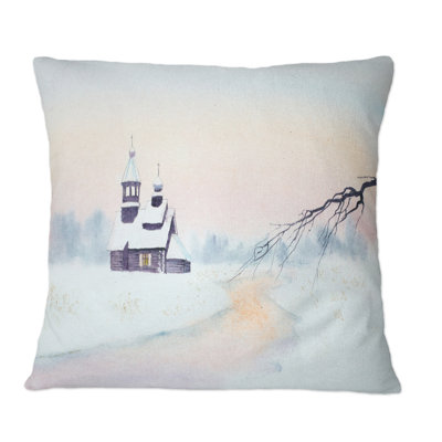 Paysage d'hiver avec rivière et église en bois - coussin décoratif imprimé Lake House