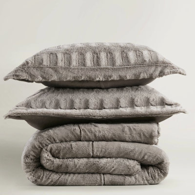 King/ King 3 Pcs Solid Gray Faux Fur Comforter With Inside, Soft Mink Reverse, 2 Shams, End - To Box Sewn In Stylish Fur, Fill, Shams Inch Flange