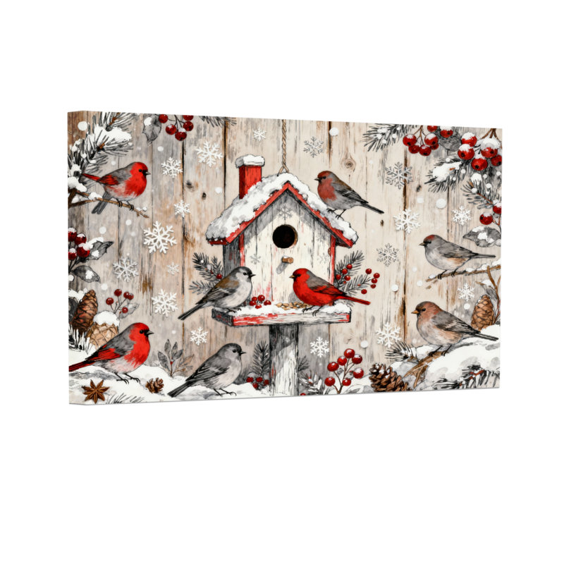 «Christmas Winter Birds Snowflakes Berries Pinecones House», ensemble de 3 impressions sur toile, H 12 po x l 18 po