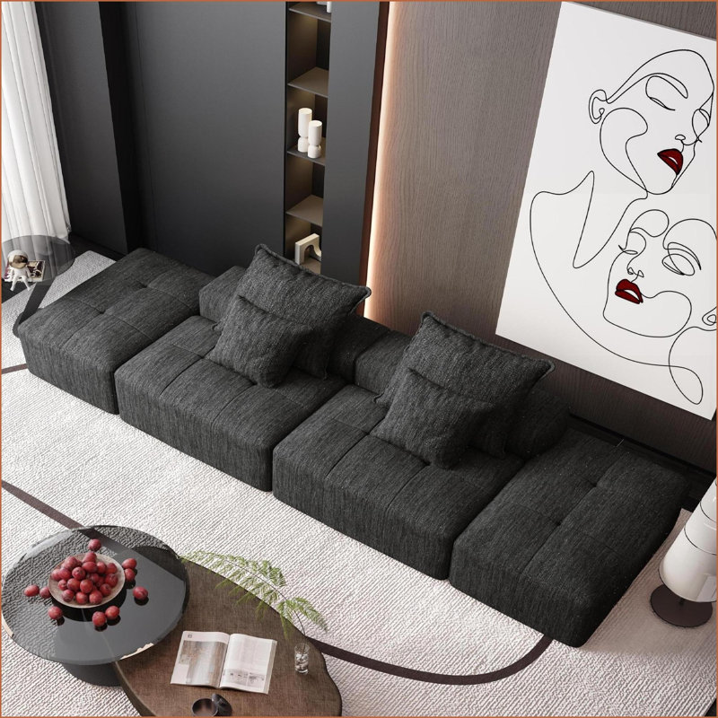 Sectional Sofa, Modern Oversized Modular 4-Piece with Ottomans &amp; 4 Pillows, Sparkling Chenille, No Assembly | Black | Foam+Spring