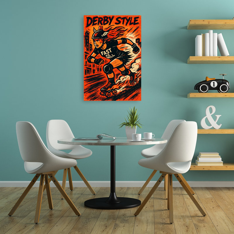 Flaming Roller Derby Energetic Retro Abstract City Landscape Wall Art Print by Natalie Bruns - Wrapped Canvas Print