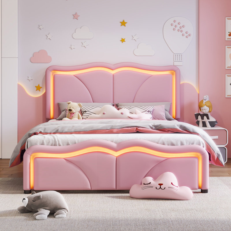 Lit plateforme tapissier avec tête de lit courbée, hauteur réglable et bandes lumineuses à DEL, Double, Rose