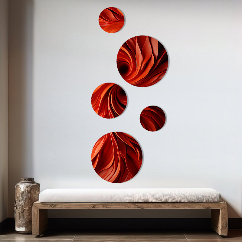 Orange et rouge abstrait spirale Dreamscape I - ensemble abstrait de spirales abstraites murales de 5