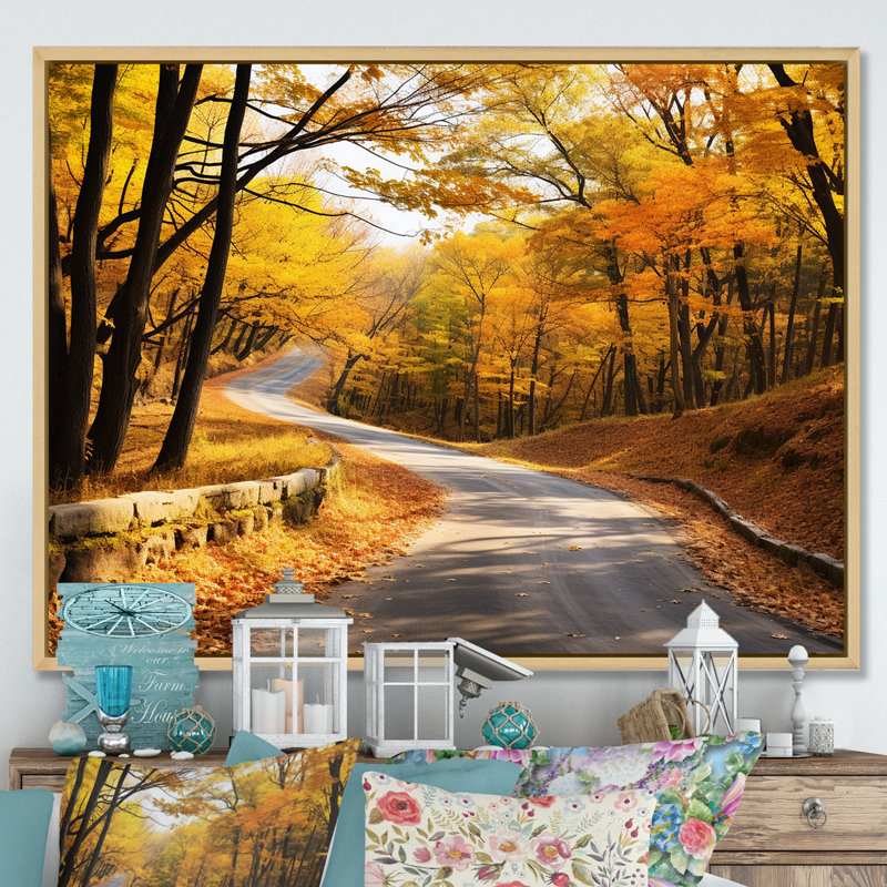 «Golden Autumn Road Into The Forest III» - art mural route, Cadre flottant brun, H 34 po x l 44 po x P 1,5 po