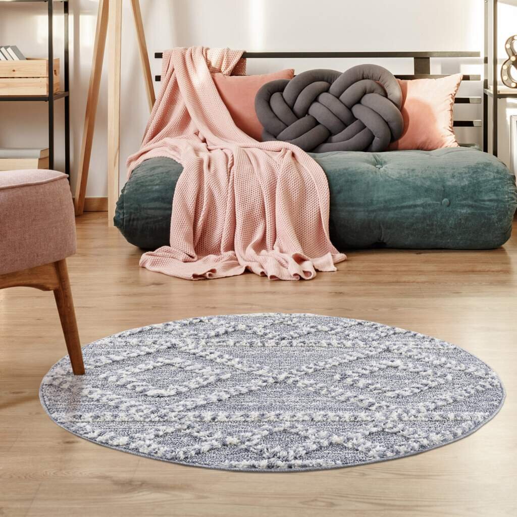 Teppich Focus 3022 Hochflor Boho Wohnzimmer Graublau Hochtief-Muster/ 3D-Effekt Rautenmuster Steward