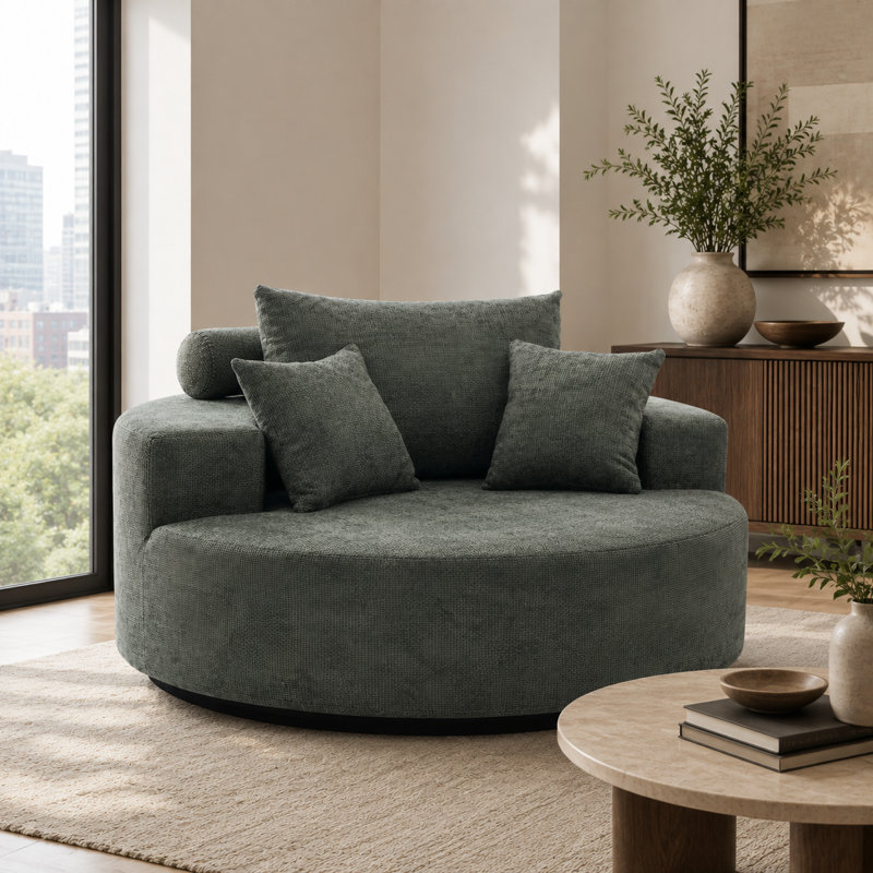 Fauteuil rond en chenille de 140 cm avec 3 coussins, style nuage, vert