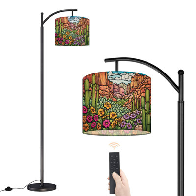 Arc Floor Lamp with Adjustable Lampshade Western Desert Spring Detailed Standing Lamp 3 Color Temperatures Dimmable Tall Pole Lamp with Foot Switch for Bedroom