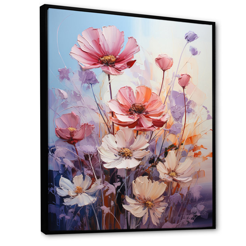 Impression romantique sur toile, "Pink Wildflowers", Cadre flottant noir, H 40 po x l 30 po x P 1,5 po