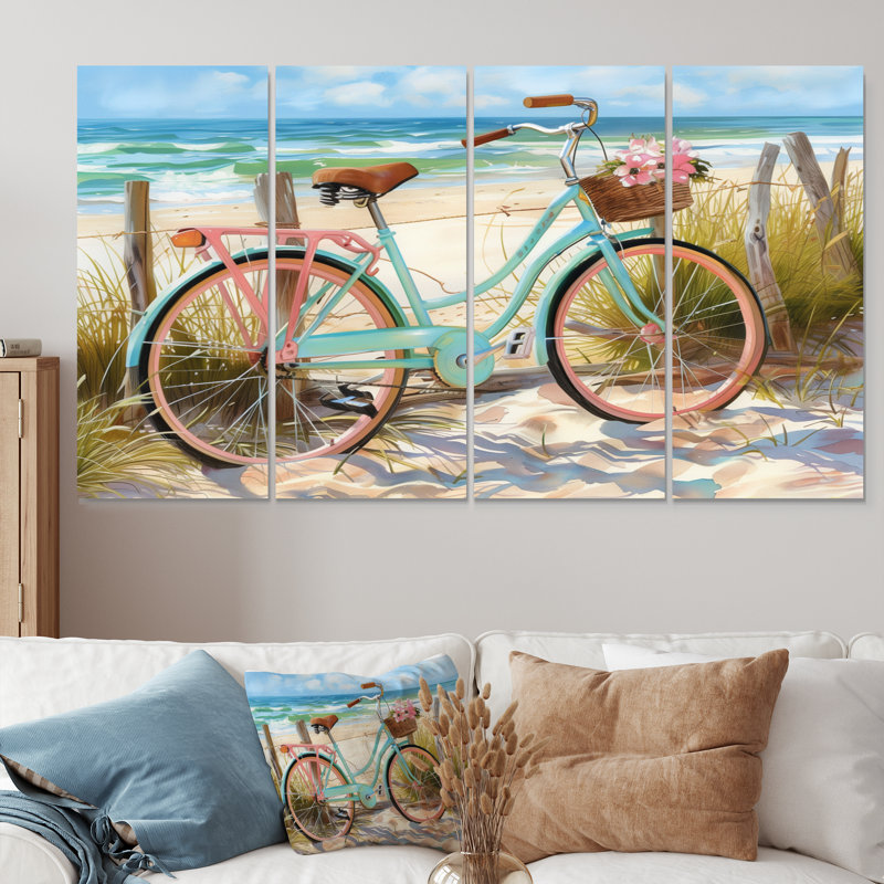 «Blue Bicycle On The Beach Pathway III», ensemble d'art sur toile côtière, 32" H x 64" W