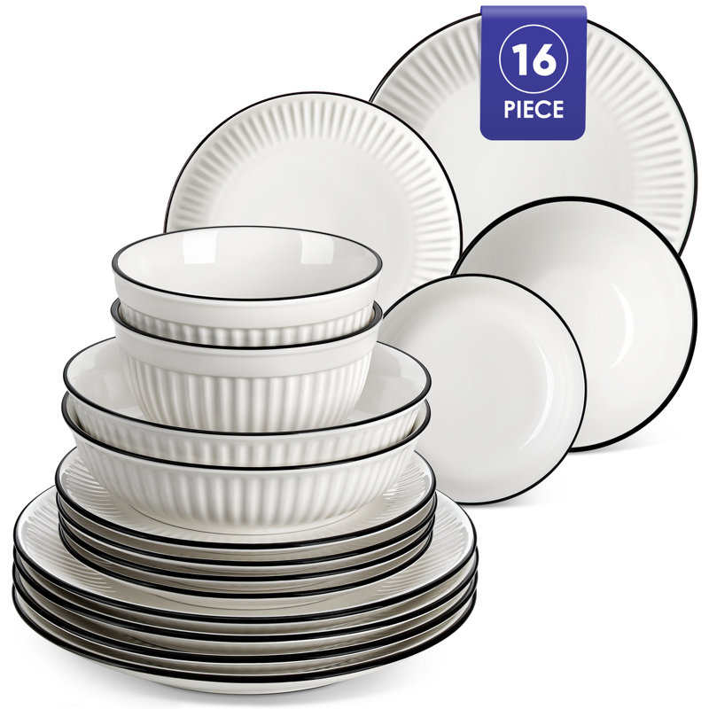 Piece Porcelain China Dinnerware Set - Service for 4, White/Black
