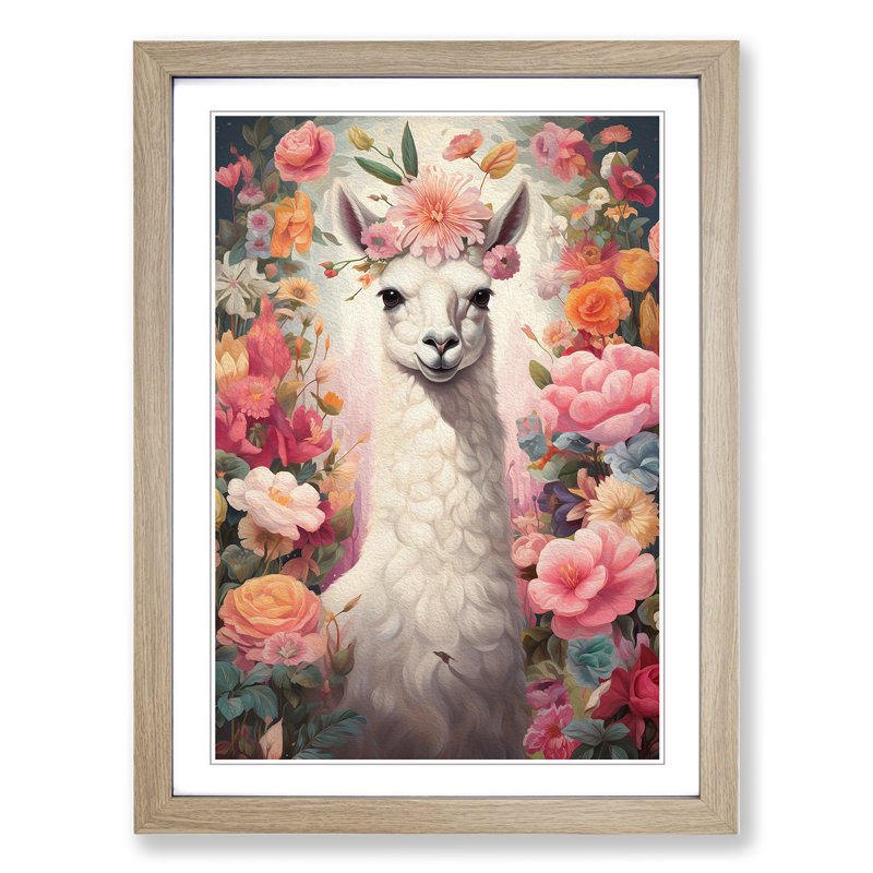 Llama Romanticism No.3 - Single Picture Frame Print on Wood, Oak Framed, 46cm H x 34cm W x 2cm D