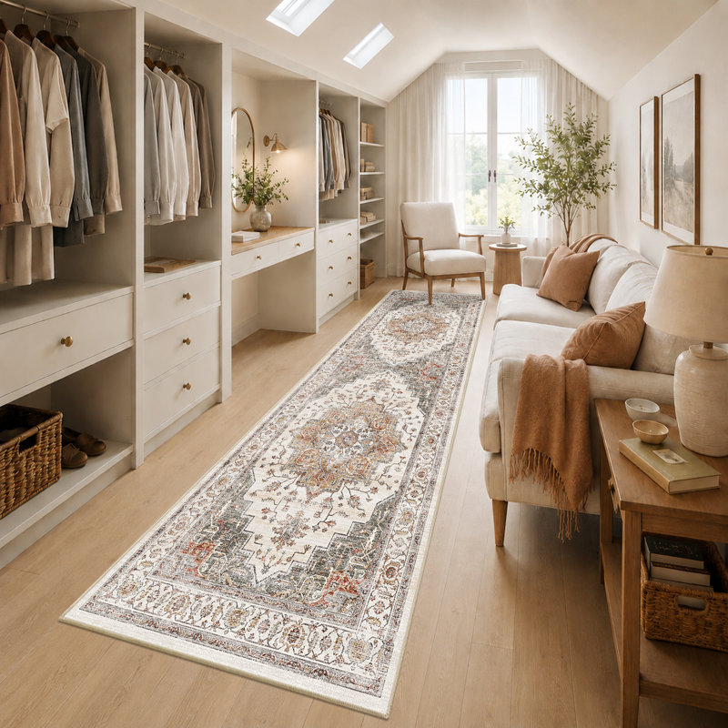 Tapis lavable rétro, tapis à poils courts ultra-doux et antidérapant, Orange/Gray, Runner 3'x12'