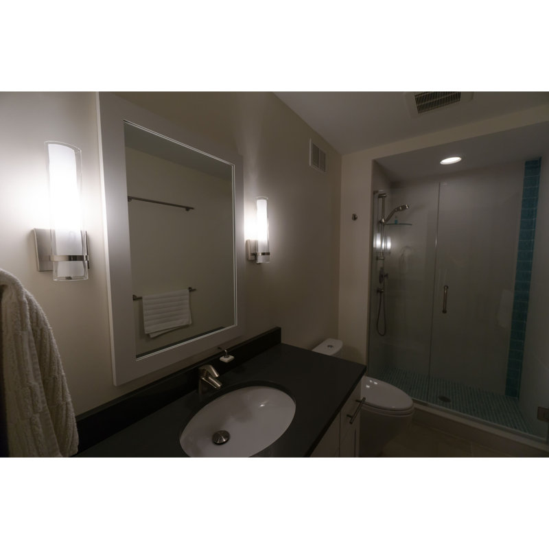 Vilo 1-Light 4.25 inch Wide Satin Nickel Contemporary Bathroom Vanity Lighting Fixture, Outer Clear Water, Inner White Frosted Opal Glass Shade, Dimmable, LED Compatible, Wall Mounted Sconce