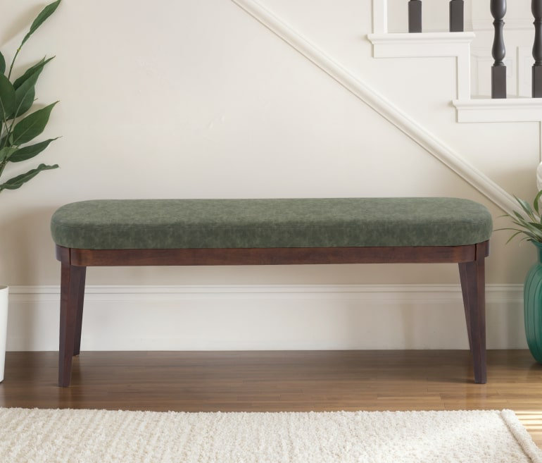 Oceane Carlton PU Leather Upholstered Wooden Bench, Walnut, Green