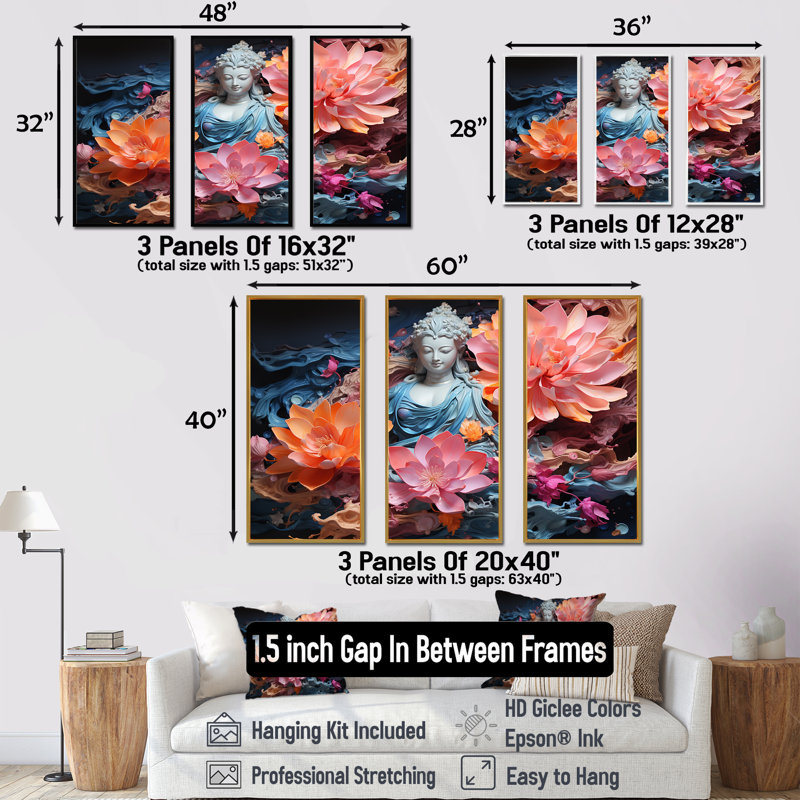 Blooming Buddhism Statue - Ensemble d'art mural sur toile bouddhisme, Cadre flottant doré, H 40 po x l 60 po x P 1 po