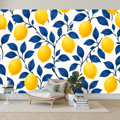 Papier peint adhésif auto-adhésif moderne pour la chambre à coucher avec des citrons tropicaux L 100 po x l 144 po Peel and Stick