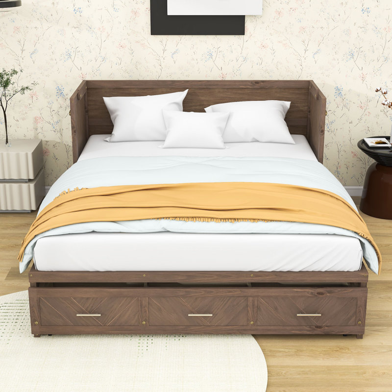 Grand lit escamotable en bois avec port USB et lattes, Noyer clair