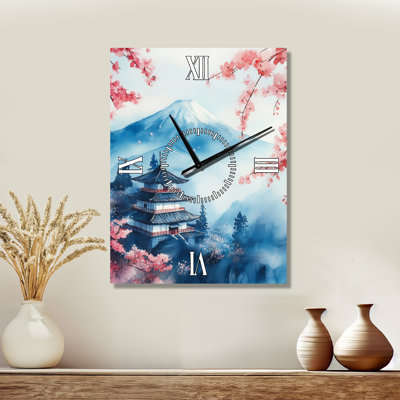 Horloge murale en métal Japandi « Fuji sous les fleurs II », imprimée sur métal