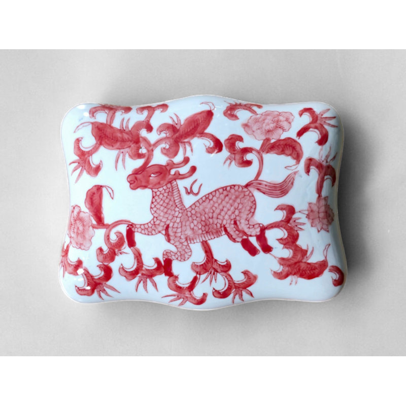 Boîte en porcelaine avec couvercle chinois, Rouge / blanc