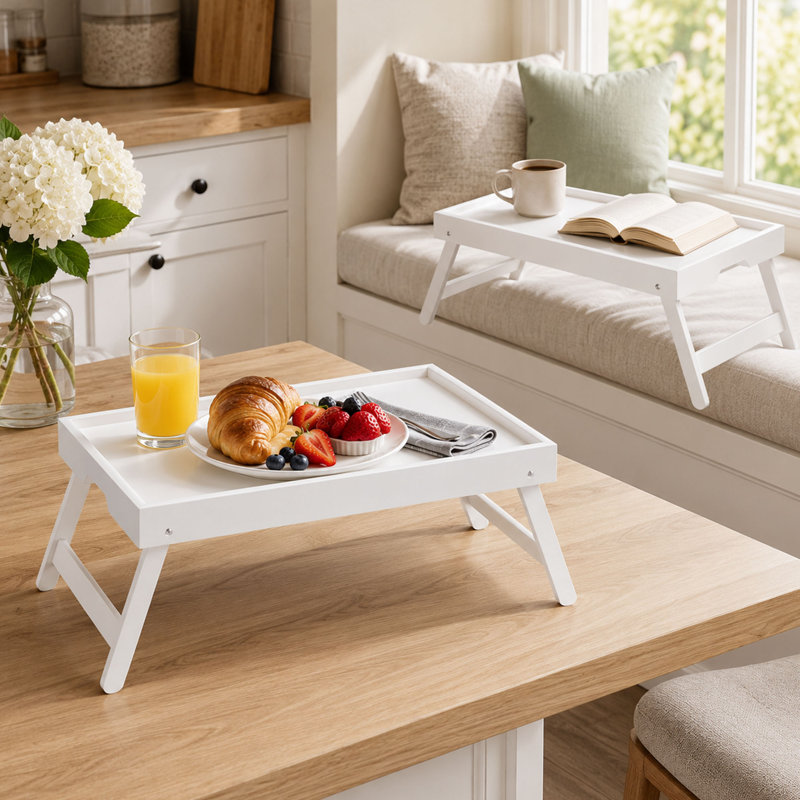 Ensemble de 2 tables-plateaux en bambou, pieds pliants, blanc, White