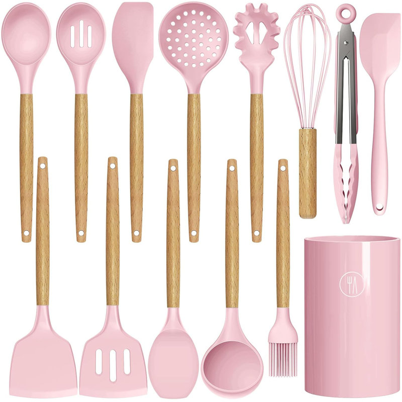 Ensemble de 14 ustensiles de cuisine en silicone, manches en bois, antiadhésifs, résistants à la chaleur, sans BPA.