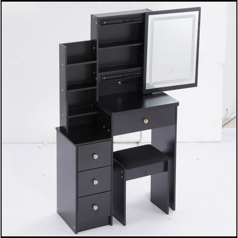 29.2" Small Size Left Bedside Cabinet Vanity Table + Cushioned Stool, Large Sliding, Touch Control, Tri-Color Switching, Brightness Adjust LED Mirror, High Capacity Storage, Suitable For Small Space