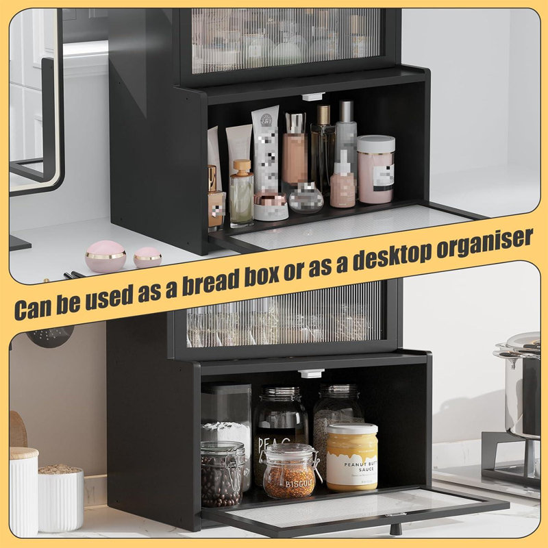 Black Double Layer Bamboo Bread Box with Window