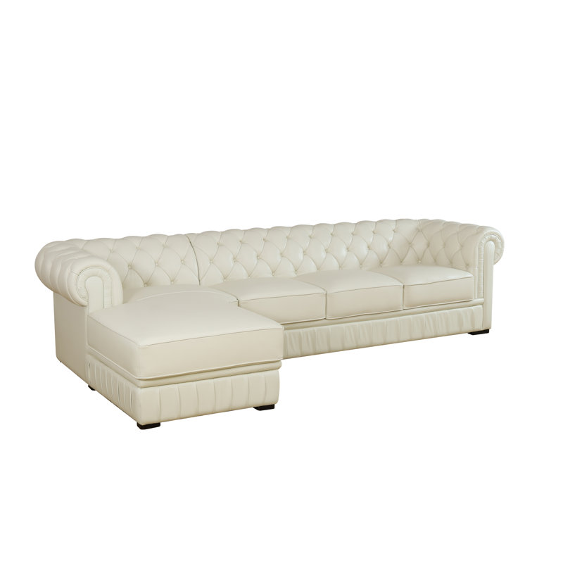 2-Piece Button Tufted Genuine Cowhide Leather Chesterfield Sectional Sofa Set, Cream Genuine Leather, Left Hand Facing