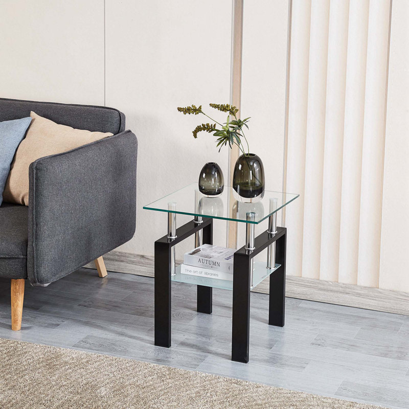 Katelee 1-Piece 2-Layers Small Table with Storage,Tempered Transparent Glass End Table