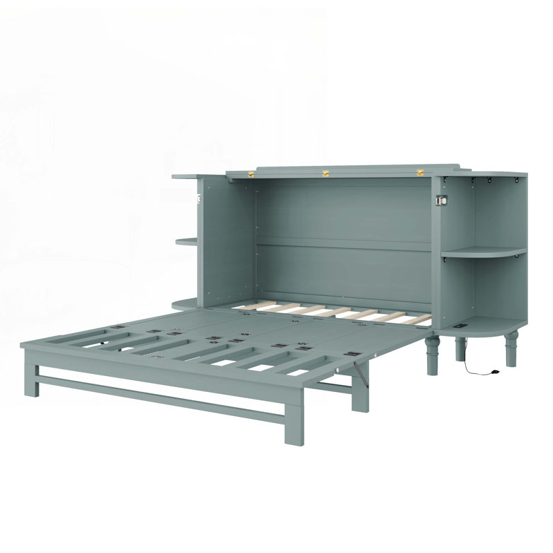 Armoire-lit en bois de pin massif avec station de charge et 2 tablettes ouvertes, Bleu sarcelle Vénus, Double