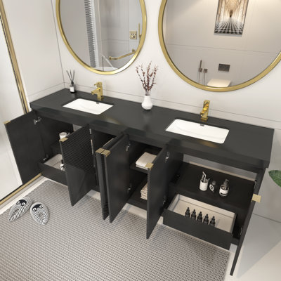 Monterey 83.8" Inch Freestanding Bathroom Vanity + Reinforced Black Acrylic DOUBLE Sink