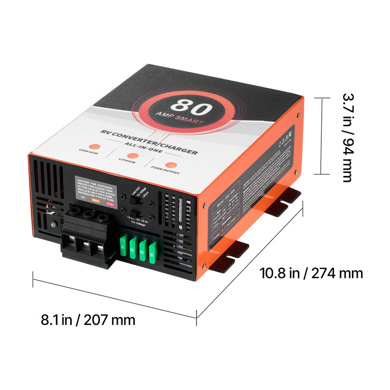 Convertisseur de puissance pour véhicule récréatif, 80 ampères, chargeur de batterie pour véhicule récréatif de 110 V CA à 12 V CC, charge intelligente à plusieurs étapes, plage de fonctionnement de 13 V à 16,5 V, compatible avec les batteries 