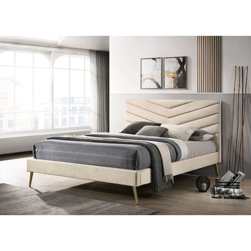Lit double avec tête de lit beige matelassée et motif de flanelle capitonnée moderne Mid-Century, Lit double