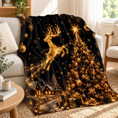 1Pcs Festive Christmas Scene with Reindeer and Tree Soft Plush Blanket, Warm Suitable for All Seasons, Perfect Living Room, Sofa, Bedroom, Travel, Camping, Office Home Decoration Gifts