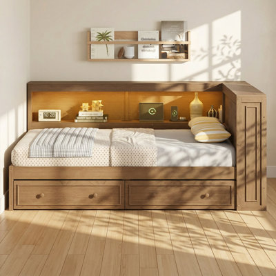 Ellington 65.7" W x 86.2" D x 37.7" H Full Solid Wood Daybed with 2 Drawers and Storage Shelves