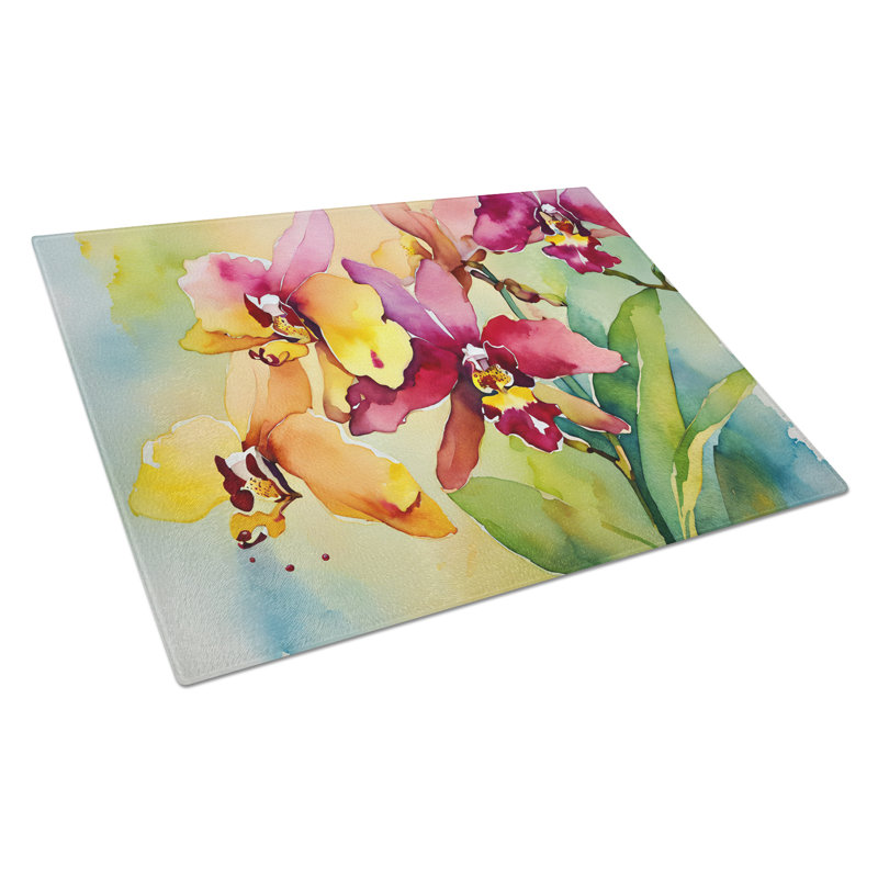 Orchidées dans une grande planche à découper en verre aquarelle